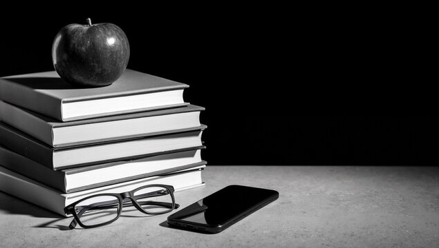 Black and white still life showcasing a stack of books topped with an apple next to eyeglasses and a smartphone on a grey surface, representing the contrast of modern and traditional education.