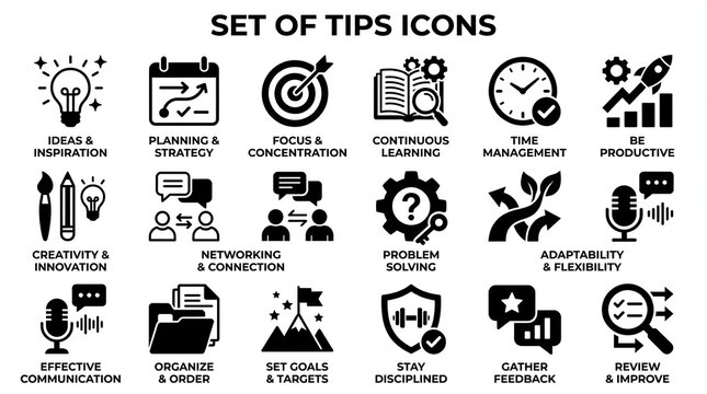 Collection of business tips and professional development icons displaying strategy growth planning innovation communication productivity and organization on white background