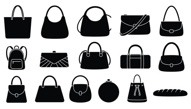 Detailed collection of fifteen black silhouettes of stylish women fashion handbags, backpacks, clutches, and purses.