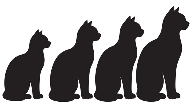 Four black cats sitting in a row increasing in size