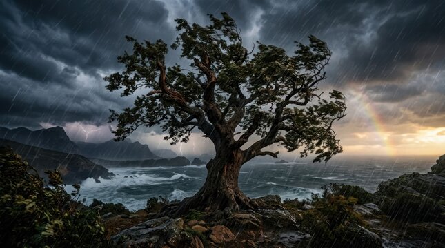 A lone tree standing on a rocky cliffside, with a rainbow in the background and a stormy sky above.