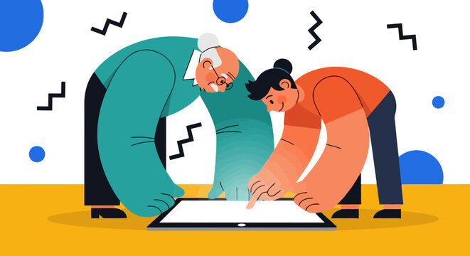 Senior man bending over using a tablet computer in a modern flat style