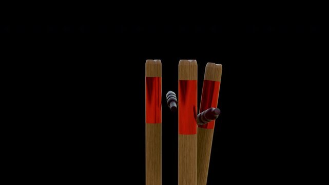 A high‑resolution 4K transparent video featuring a green tennis cricket ball hitting wooden stumps, dislodging the bails mid‑air from a side view angle