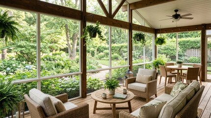 Fototapeta premium A cozy, sunlit screened-in porch with a wooden floor, glass walls, and a wooden ceiling. The space is furnished with a mix of wicker furniture and a round coffee table.