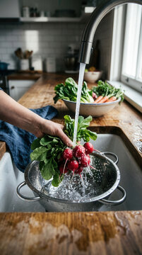 Fresh Radishes Being Washed Under A Kitchen Faucet