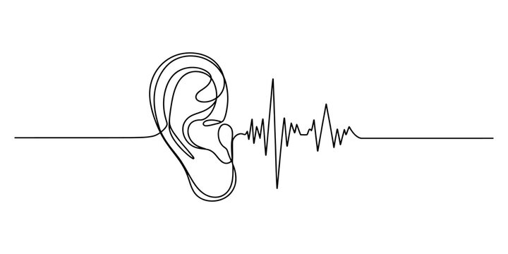 Human ear with sound wave frequency in one continuous line drawing