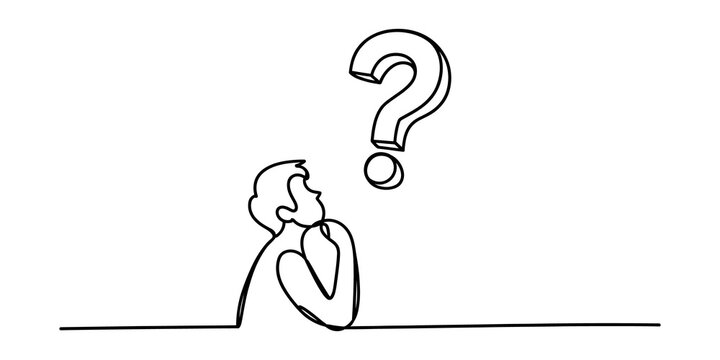 continuous line drawing A man thinking with a large question mark symbol line art illustration