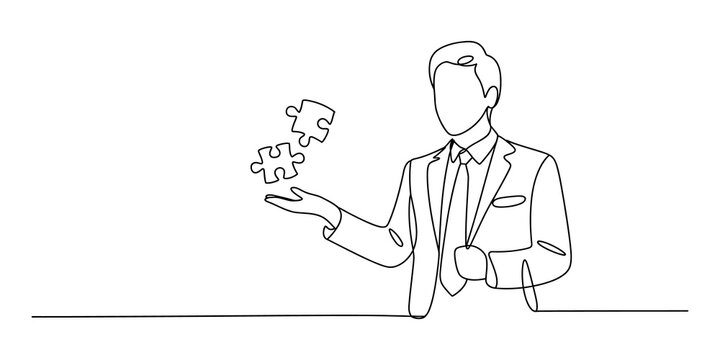 Businessman holding puzzle pieces continuous line drawing