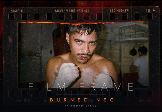 Film Frame Burned Negative Photo Effect Template - Retro 35mm Analog Film Strip Border with Fire Light Leaks
