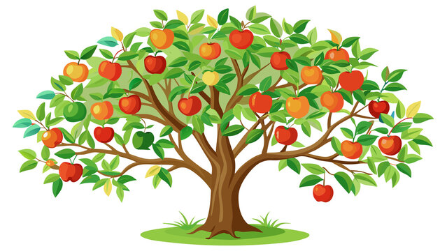 Apple Tree with Blossoms Ripe Fruit and Green Leaves Cartoon Vector Illustration for Nature Garden Harvest and Seasonal Design