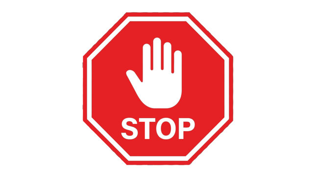 Vibrant red octagon stop sign vector illustration featuring a bold white hand icon and clear uppercase text for road safety