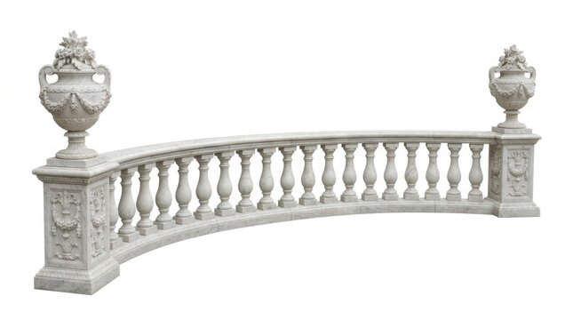 Classical stone balustrade with decorative urns isolated on white background