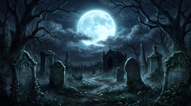 Spooky graveyard scene with old tombstones and a large full moon in a dark cloudy night sky