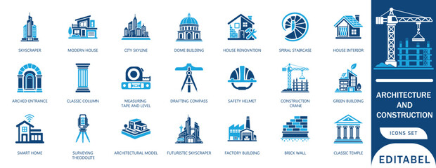 Architecture and Construction Icon Set,Icon Set Vector for Skyscraper Building Blueprint Smart Home Renovations Engineering Crane Real Estate Symbol © New Solid Studio