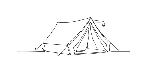 Simple line drawing of a camping tent with a hanging lantern © JCS Graphic Design 