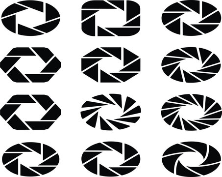 Camera Lens Aperture Shutter Icon Set Featuring Geometric Mechanical Diaphragm Shutter Blades for Photography Video and Media Logo Designs