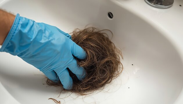 Hand in blue glove cleaning hair clog from white bathroom sink drain