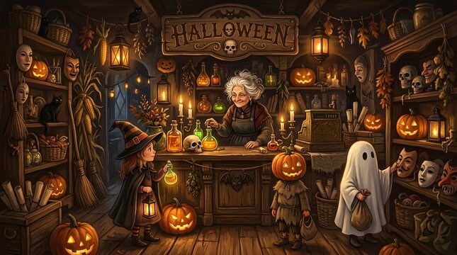 An elderly witch standing behind a wooden counter in a spooky shop filled with glowing jack o lanterns