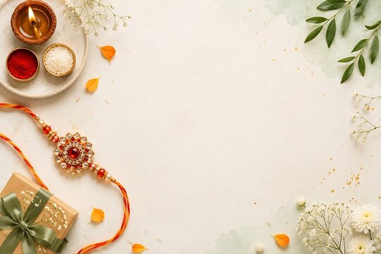 Modern Raksha Bandhan background with elegant rakhi, diya, botanical flowers and gift box