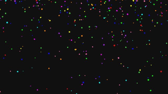Colorful confetti falling slow motion on black background, square shape glitter rain seamless loop, holiday celebration background.