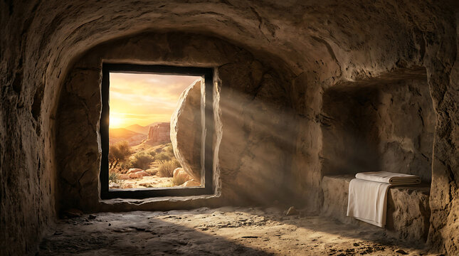 Dark tunnel opening to a bright desert landscape through a large window . Ai Generated