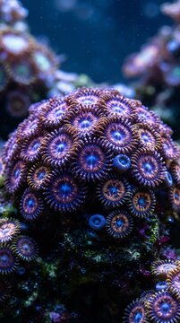 Vibrant purple zoanthid coral colony glowing under deep blue underwater aquarium light