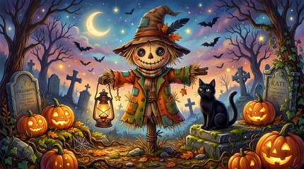 Fototapeta premium A whimsical scarecrow holding a lantern in a spooky graveyard under a starry night sky with pumpkins