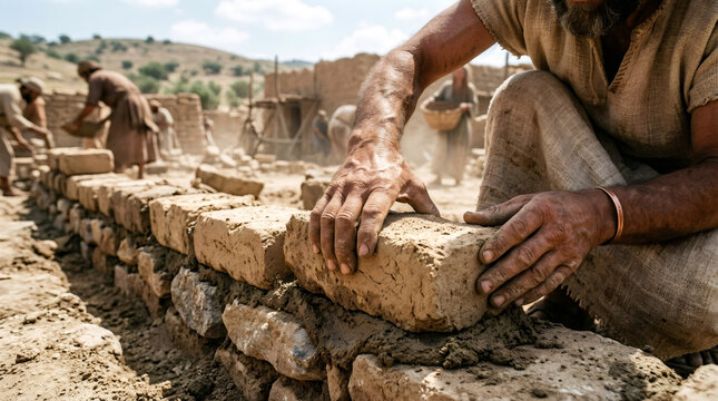 Man builder laying mud bricks to construct ancient wall. Worker building house with clay block. Historical scene of manual labor in desert village. Traditional architecture construction method.