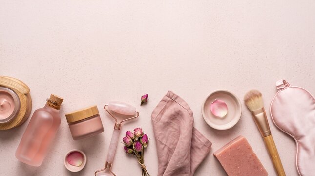 Pink Skincare and Beauty Products Flat Lay with Rose Elements