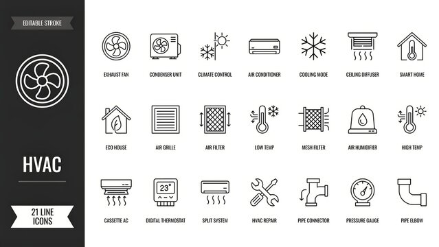 Professional HVAC line icons set featuring heating, ventilation, and air conditioning system equipment for home and industry