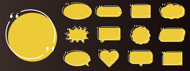 Fototapeta premium Bubble speech box with quote title frame for brush text design. Vector chat paragraph with word call shape for sign quotation info. Note icon box with title quote drawn for message marker set.
