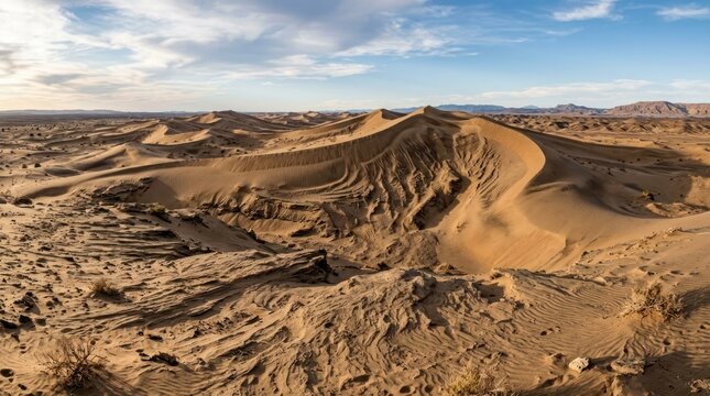 Desert landscape with sand dunes and mountains in the distance. The arid environment concept of nature and travel.