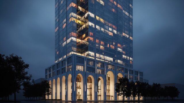 Modern skyscraper building at night with arched base.
