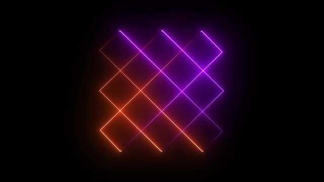 Rectangle picture frame icon animation glowing neon purple and orange color screen round display box rotation retro movement seamless Glowing square neon line animation on black background.4k video.
