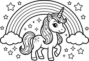 Fototapeta premium Cute unicorn coloring book page with rainbow stars cartoon outline black and white printable activity for kids preschool fun