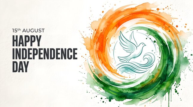 Creative watercolor background for happy independence day celebration featuring indian flag colors and peace dove illustration