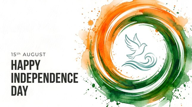 Creative watercolor background for happy independence day celebration featuring indian flag colors and peace dove illustration