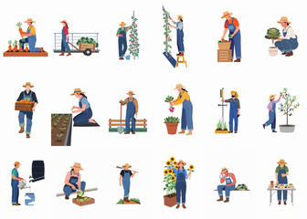 Fototapeta premium Set of flat vector illustrations featuring diverse people engaged in various gardening and farming activities, from planting seeds to harvesting fresh vegetables and flowers.