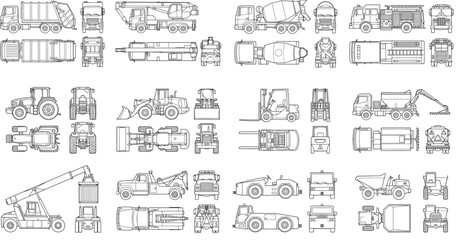 Obraz premium Construction Vehicle CAD Drawing Bundle with Heavy Equipment Technical Outline Vector Collection