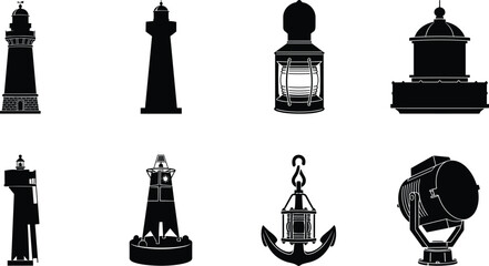 Lighthouse and maritime navigation icons vector set featuring beacons lantern buoy anchor lantern and searchlight silhouettes © Tanne