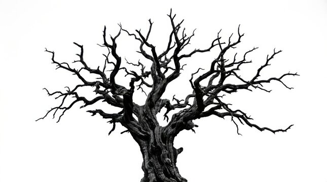 Old leafless tree silhouette isolated on white background