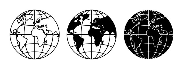 Three Globe Icons: Outline, Silhouette, and Inverted Earth Graphics, Representing Global Concepts and International Themes © Sagor
