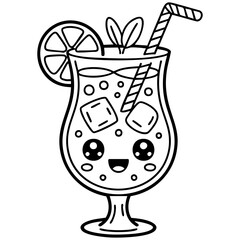 Cute Kawaii Cocktail Glass With Citrus Slice And Happy Face Isolated on a Transparent or White Background