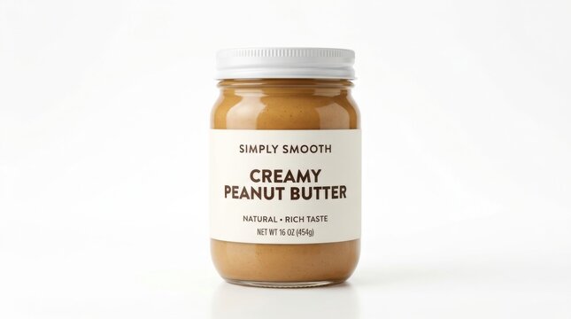 Glass jar of creamy peanut butter with a white lid isolated on white background