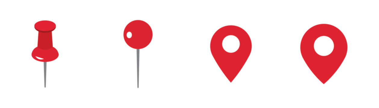 Red map pin pushpin and location marker icon set isolated on white background for navigation travel placement and position pointer vector design