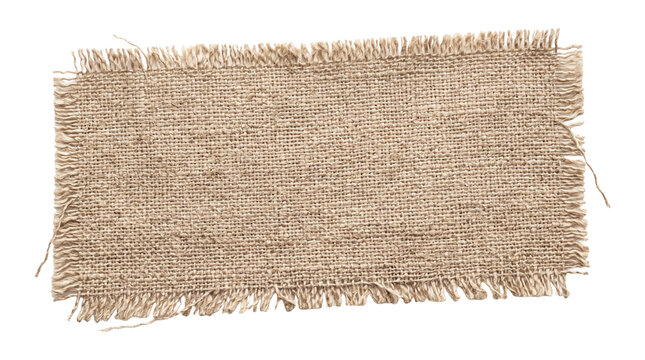 Natural burlap fabric rectangle with raw frayed edges texture piece isolated on transparent background png.