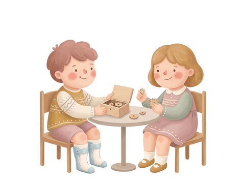 Charming whimsical illustration of a boy wearing AFO leg braces assembling a wooden craft box with a girl