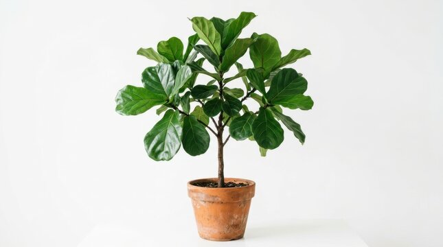 Fiddle leaf fig plant in terracotta pot isolated on white background