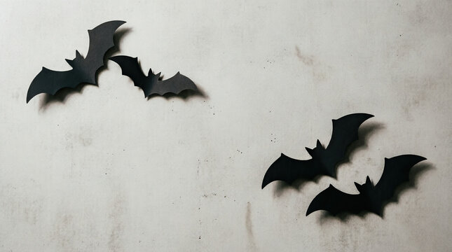 Minimalist halloween background featuring black paper bats flying on a textured light grey surface for a spooky holiday celebration