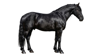 Fototapeta premium Solid black stallion horse standing in side view position with dark coat isolated on transparent background png.